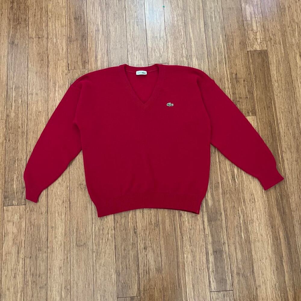 VTG 80s Chemise Lacoste Made in France Red Wool Blend V-Neck Sweater
